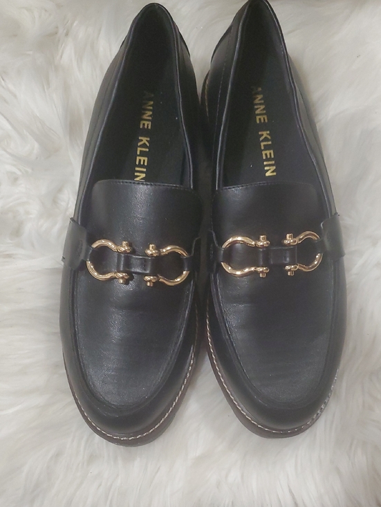 Anne Klein Shoes - Anne Klein Black Vegan Leather  Loafers with Gold Horsebit Accent